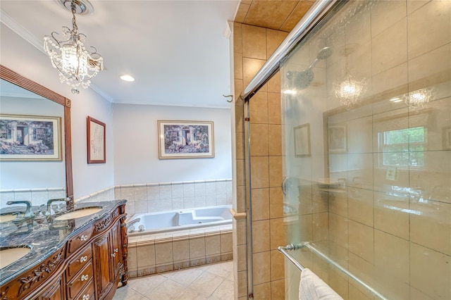 bathroom with a shower stall, tile patterned flooring, a bath, crown molding, and double vanity