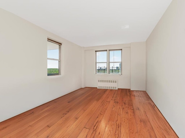 spare room featuring radiator and light wood-style floors