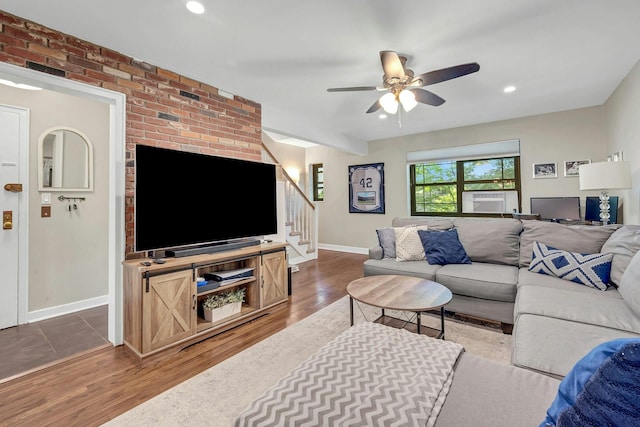 15 Manchester Rd Unit 2L, Eastchester, NY 10709 - living area featuring stairs, wood finished floors, a ceiling fan, baseboards, and recessed lighting