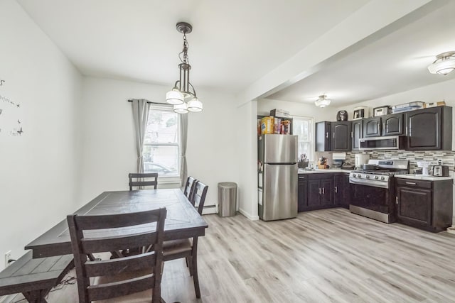 253 N 3rd Ave, Bay Shore, NY 11706 - dining space featuring light wood-style flooring and a baseboard heating unit
