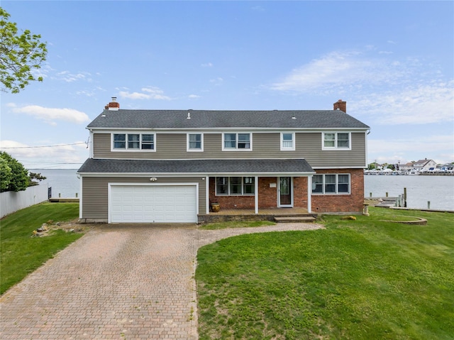 160 Sequams Ln W, West Islip, NY 11795 - view of front of house with decorative driveway, a porch, a front lawn, and a chimney