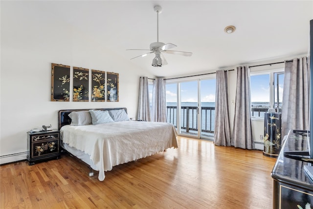 160 Sequams Ln W, West Islip, NY 11795 - bedroom with access to exterior, light wood-style floors, lofted ceiling, a baseboard radiator, and baseboard heating