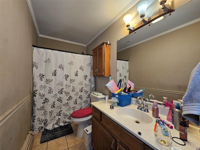 3 Allan Park Mews, Middletown, NY 10940 - full bathroom featuring tile patterned floors, vanity, toilet, crown molding, and a wainscoted wall