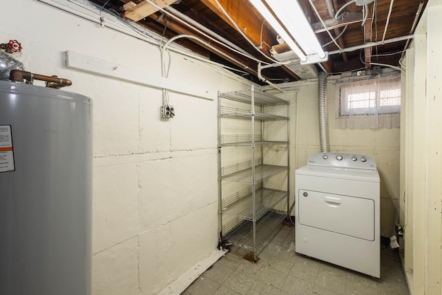 below grade area with washer / dryer, water heater, and light floors