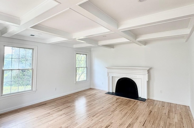 2850 Reeve Rd, Mattituck, NY 11952 - unfurnished living room with wood finished floors, coffered ceiling, healthy amount of natural light, beamed ceiling, and baseboards
