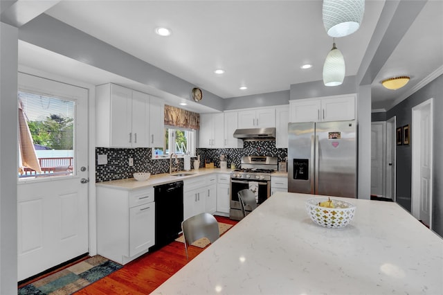 kitchen with stainless steel appliances, under cabinet range hood, a sink, decorative backsplash, and recessed lighting