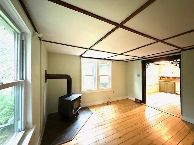 38 Eldred Yulan Rd, Eldred, NY 12732 - unfurnished living room with a wood stove, light wood finished floors, and baseboards