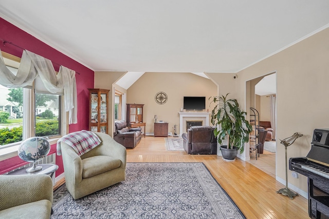 27 Amby Ave, Plainview, NY 11803 - living area with wood finished floors, a fireplace, crown molding, and a baseboard radiator