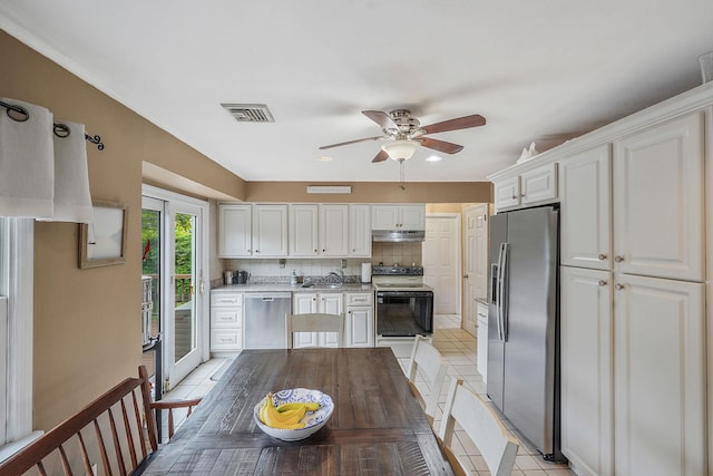 27 Amby Ave, Plainview, NY 11803 - kitchen featuring stainless steel appliances, under cabinet range hood, a sink, white cabinets, and ceiling fan