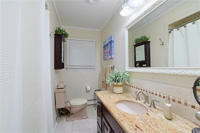 198 Dillon Rd, Monticello, NY 12701 - bathroom with toilet, tile patterned floors, crown molding, vanity, and a baseboard radiator