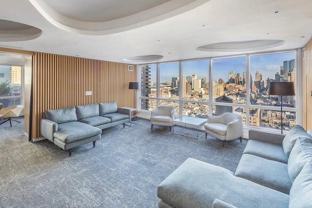 living area featuring carpet, a skyline view, floor to ceiling windows, and a tray ceiling