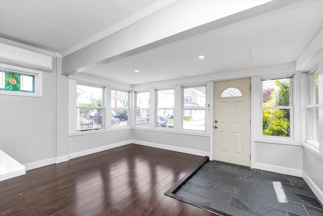 119-64 177th St, Saint Albans, NY 11434 - entryway featuring a wall mounted air conditioner, ornamental molding, baseboards, and wood finished floors