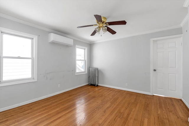 119-64 177th St, Saint Albans, NY 11434 - unfurnished room with radiator heating unit, an AC wall unit, light wood-style floors, baseboards, and a ceiling fan