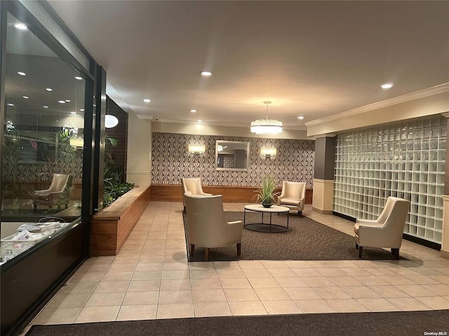 20 Wendell St Unit 9E, Hempstead, NY 11550 - community lobby with wallpapered walls, ornamental molding, and recessed lighting
