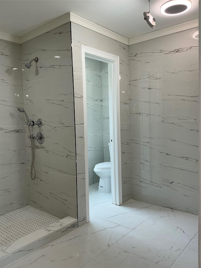 139 Miller Ave SW, Amityville, NY 11701 - bathroom featuring crown molding, toilet, a marble finish shower, and marble finish floors