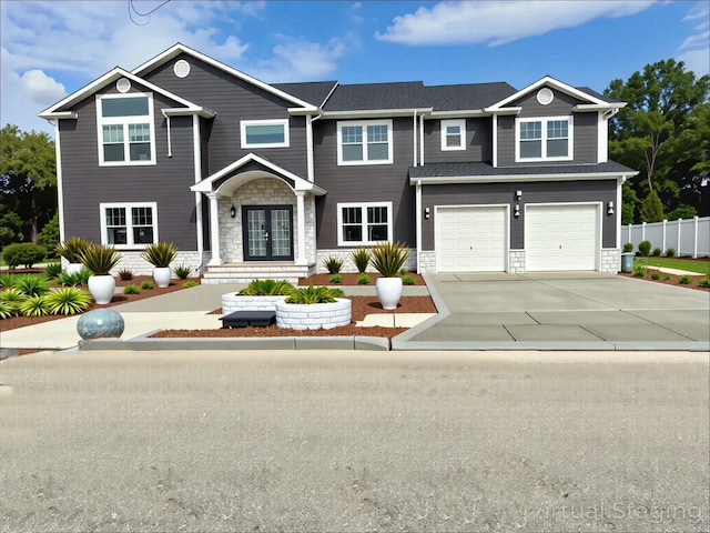 139 Miller Ave SW, Amityville, NY 11701 - view of front of property with french doors, stone siding, concrete driveway, and a garage