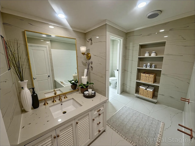 139 Miller Ave SW, Amityville, NY 11701 - full bathroom with toilet, vanity, a shower, a bathtub, and recessed lighting