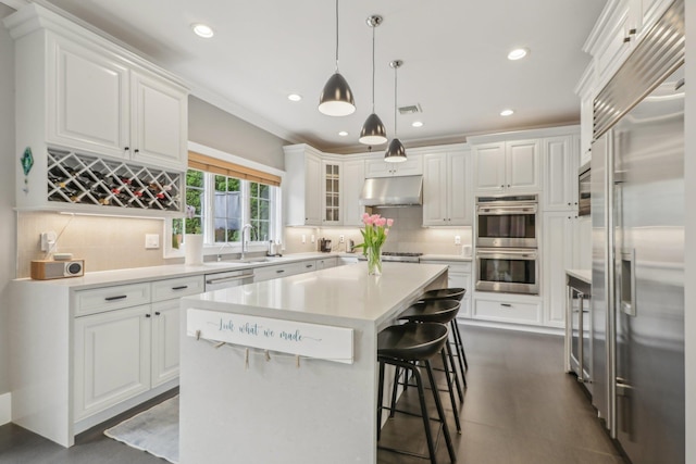 6 Murphy Ct, Blauvelt, NY 10913 - kitchen featuring appliances with stainless steel finishes, under cabinet range hood, white cabinets, decorative backsplash, and recessed lighting