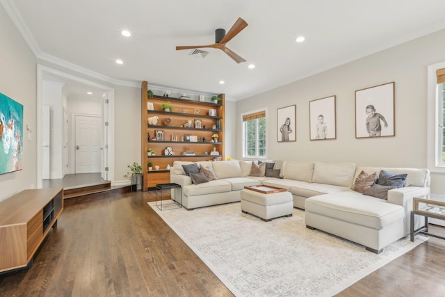 6 Murphy Ct, Blauvelt, NY 10913 - living area featuring ceiling fan, crown molding, recessed lighting, and dark wood finished floors