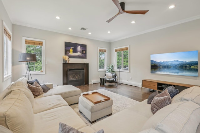 6 Murphy Ct, Blauvelt, NY 10913 - living room with recessed lighting, wood finished floors, a glass covered fireplace, ornamental molding, and a ceiling fan