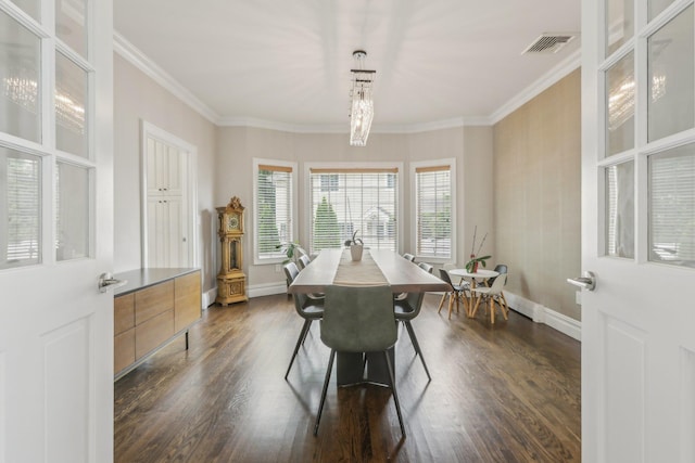 6 Murphy Ct, Blauvelt, NY 10913 - dining area with dark wood-type flooring, ornamental molding, baseboards, and a chandelier