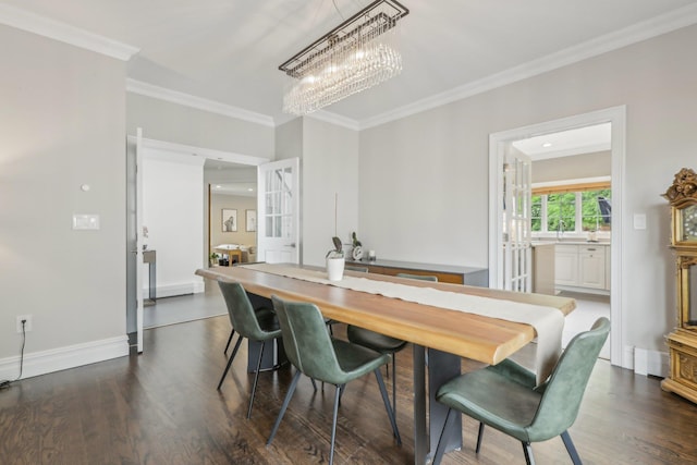 6 Murphy Ct, Blauvelt, NY 10913 - dining space with ornamental molding, dark wood-type flooring, a chandelier, and baseboards