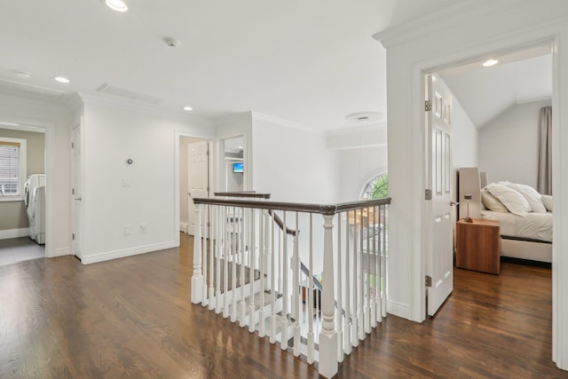 6 Murphy Ct, Blauvelt, NY 10913 - hall featuring an upstairs landing, baseboards, crown molding, healthy amount of natural light, and wood finished floors
