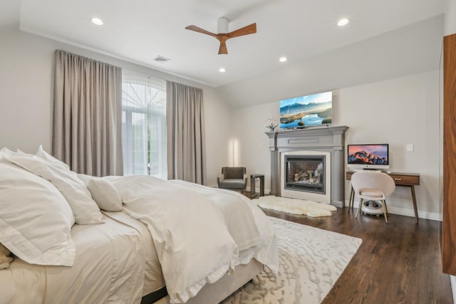 6 Murphy Ct, Blauvelt, NY 10913 - bedroom with dark wood-style flooring, a glass covered fireplace, lofted ceiling, recessed lighting, and a ceiling fan