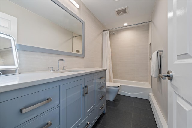 6 Murphy Ct, Blauvelt, NY 10913 - bathroom featuring tile patterned flooring, vanity, toilet, shower / bath combo with shower curtain, and a baseboard heating unit