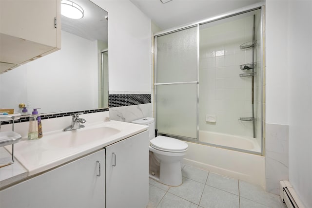15 Oakhurst St, Huntington Station, NY 11746 - full bath with a baseboard heating unit, vanity, enclosed tub / shower combo, tile patterned floors, and tile walls