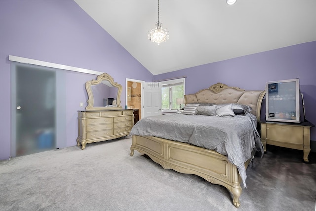 15 Oakhurst St, Huntington Station, NY 11746 - carpeted bedroom with high vaulted ceiling, a chandelier, and connected bathroom