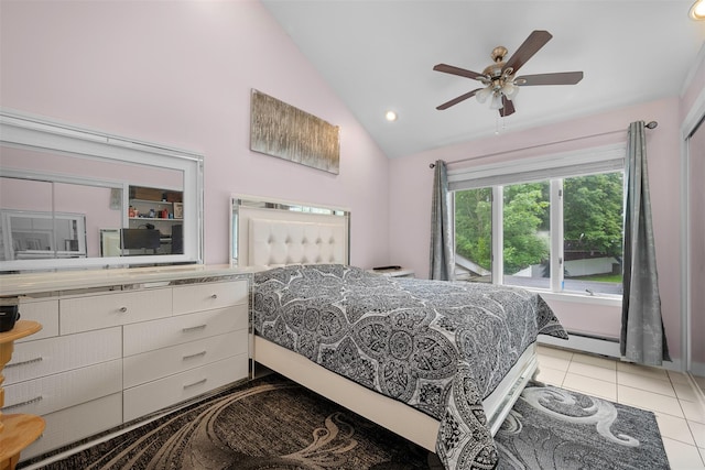 15 Oakhurst St, Huntington Station, NY 11746 - bedroom with lofted ceiling, light tile patterned floors, baseboard heating, recessed lighting, and a ceiling fan