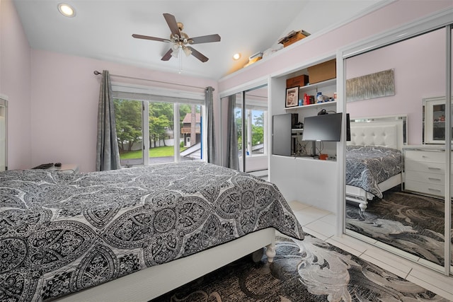 15 Oakhurst St, Huntington Station, NY 11746 - tiled bedroom featuring vaulted ceiling, recessed lighting, access to outside, a closet, and a ceiling fan