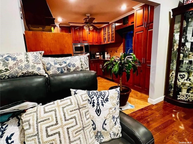164-34 77th Ave, Fresh Meadows, NY 11366 - living room with ceiling fan, light wood finished floors, and crown molding