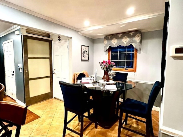 164-34 77th Ave, Fresh Meadows, NY 11366 - dining room with ornamental molding, tile patterned flooring, recessed lighting, and baseboards