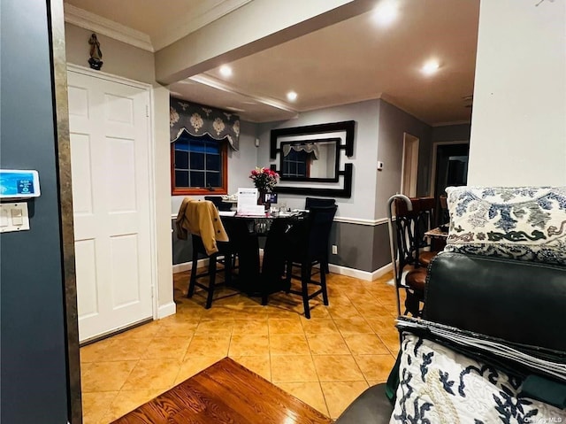 164-34 77th Ave, Fresh Meadows, NY 11366 - dining area with crown molding, tile patterned floors, baseboards, and recessed lighting