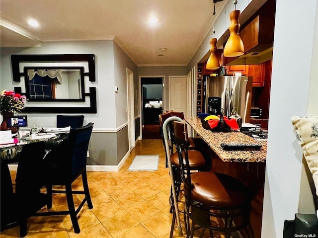 164-34 77th Ave, Fresh Meadows, NY 11366 - kitchen featuring stainless steel fridge with ice dispenser, light tile patterned floors, a breakfast bar, and crown molding