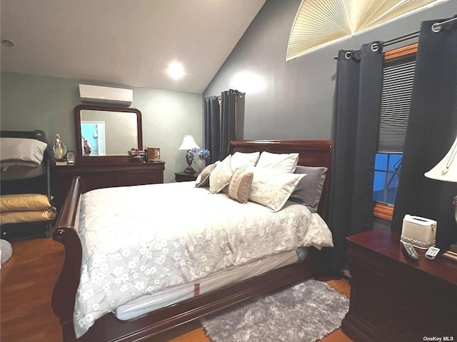 164-34 77th Ave, Fresh Meadows, NY 11366 - bedroom with an AC wall unit, wood finished floors, and vaulted ceiling
