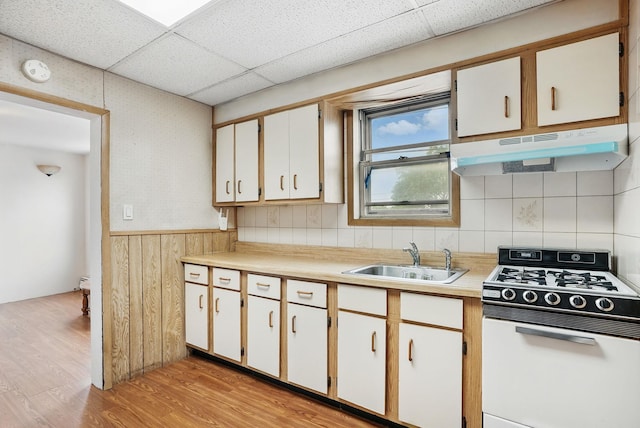 53 Howard St, Mount Vernon, NY 10550 - kitchen featuring white range with gas cooktop, under cabinet range hood, a paneled ceiling, a sink, and light wood-style floors