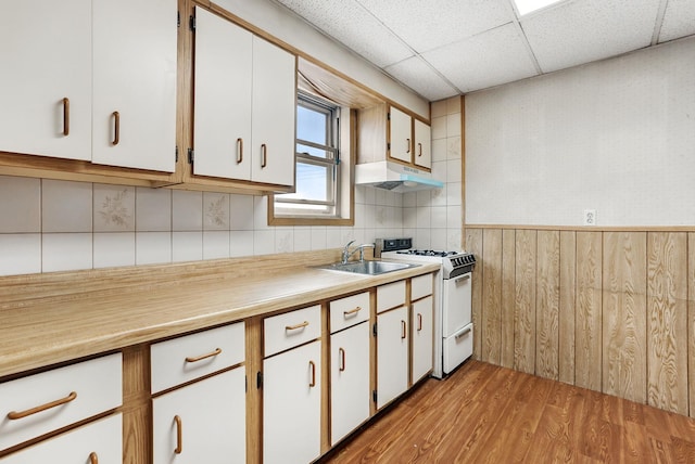 53 Howard St, Mount Vernon, NY 10550 - kitchen with white gas range oven, under cabinet range hood, a sink, light wood-style flooring, and light countertops
