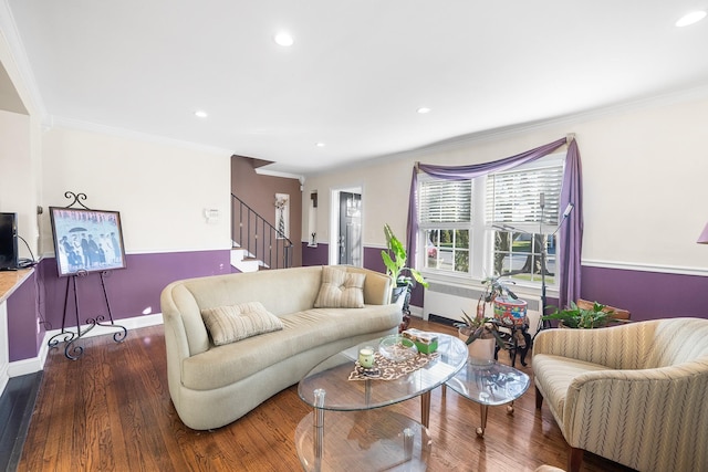 2944 Tulip Ave, Baldwin, NY 11510 - living room with stairway, crown molding, baseboards, recessed lighting, and wood finished floors