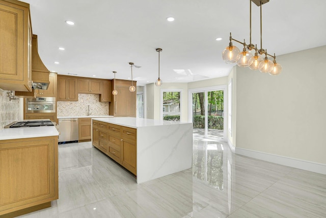7 Mcculloch Dr, Dix Hills, NY 11746 - kitchen with appliances with stainless steel finishes, tasteful backsplash, a center island, brown cabinets, and recessed lighting