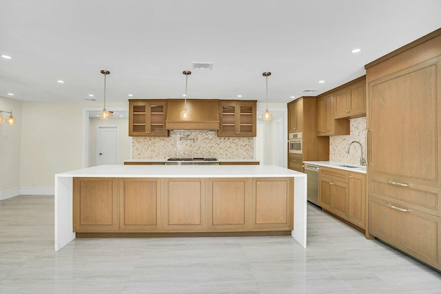 7 Mcculloch Dr, Dix Hills, NY 11746 - kitchen featuring decorative backsplash, light countertops, appliances with stainless steel finishes, glass insert cabinets, and recessed lighting
