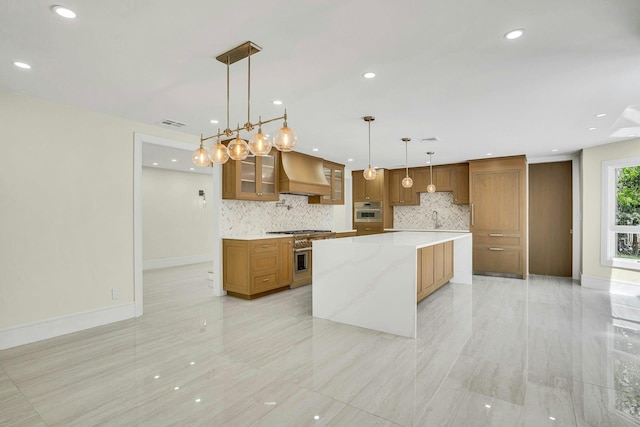 7 Mcculloch Dr, Dix Hills, NY 11746 - kitchen with custom range hood, appliances with stainless steel finishes, brown cabinets, backsplash, and recessed lighting