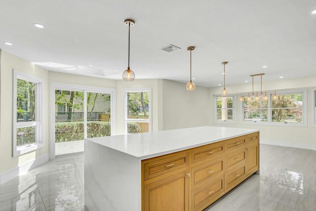 7 Mcculloch Dr, Dix Hills, NY 11746 - kitchen featuring healthy amount of natural light, light countertops, baseboards, light marble finish floors, and recessed lighting
