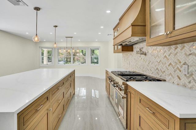 7 Mcculloch Dr, Dix Hills, NY 11746 - kitchen featuring custom exhaust hood, high end stainless steel range oven, tasteful backsplash, glass insert cabinets, and light marble finish floors