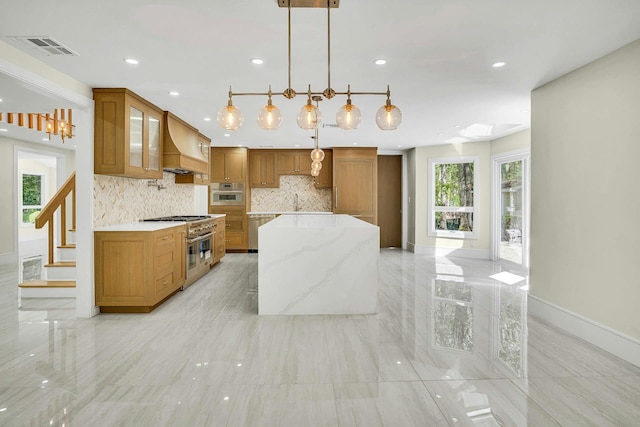 7 Mcculloch Dr, Dix Hills, NY 11746 - kitchen featuring appliances with stainless steel finishes, custom exhaust hood, brown cabinets, backsplash, and recessed lighting