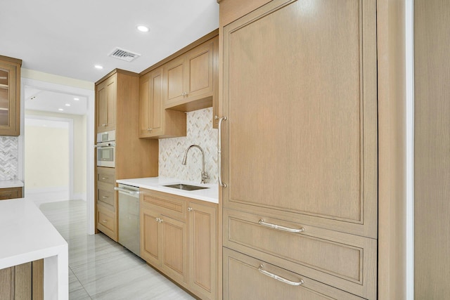 7 Mcculloch Dr, Dix Hills, NY 11746 - kitchen with stainless steel appliances, a sink, tasteful backsplash, light countertops, and glass insert cabinets