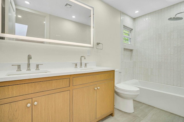7 Mcculloch Dr, Dix Hills, NY 11746 - bathroom featuring double vanity, toilet, tub / shower combination, and recessed lighting