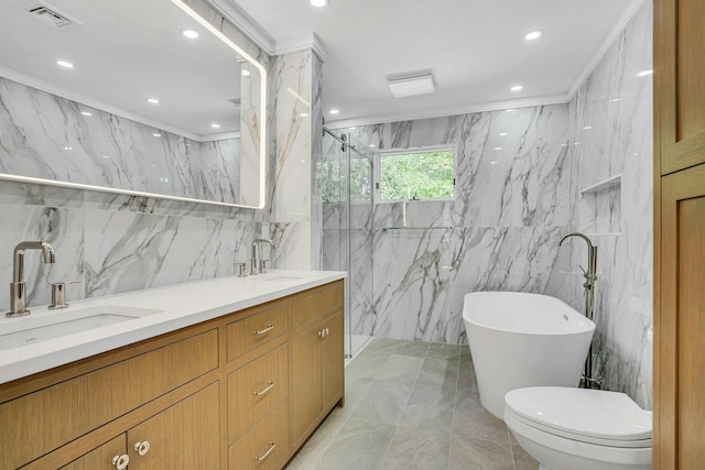 7 Mcculloch Dr, Dix Hills, NY 11746 - bathroom with tile walls, double vanity, a freestanding tub, toilet, and a marble finish shower
